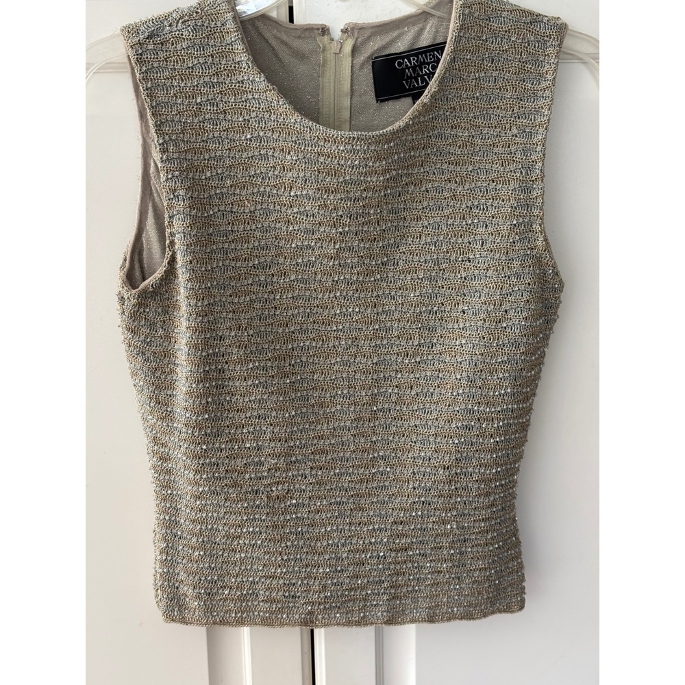 Carmen Marc Valvo Silver Metallic Beaded Sleeveless‎ Knit Top Shell Size 8